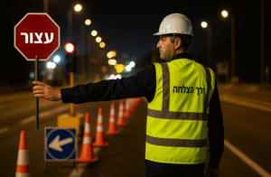 פקח תנועה בלילה עם אפוד זוהר ושלט עצור, מסדר הסדרי תנועה בכביש פעיל – דרך הצלחה"