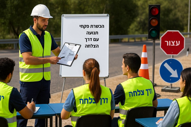 קורס פקחי תנועה: מדריך מסביר לתלמידים בחוץ עם אפודים זוהרים, תרשים תנ״ת, קונוסים ורמזור נייד – דרך הצלחה