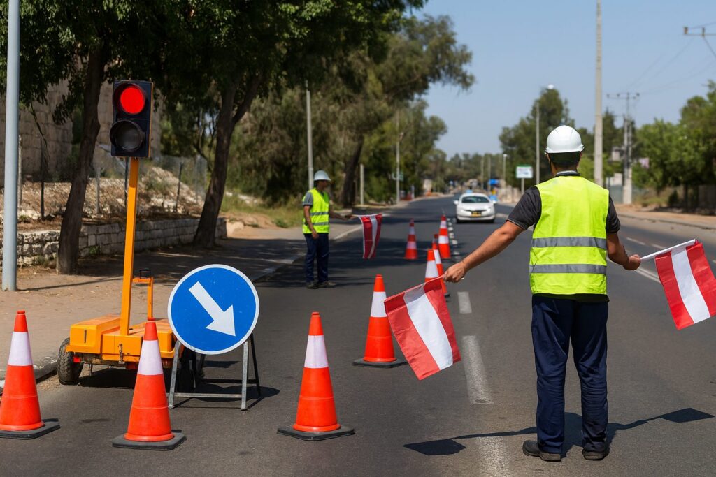 הסדרי תנועה בכביש פעיל: קונוסים, רמזורים ניידים ודגלנים בשטח – דרך הצלחה