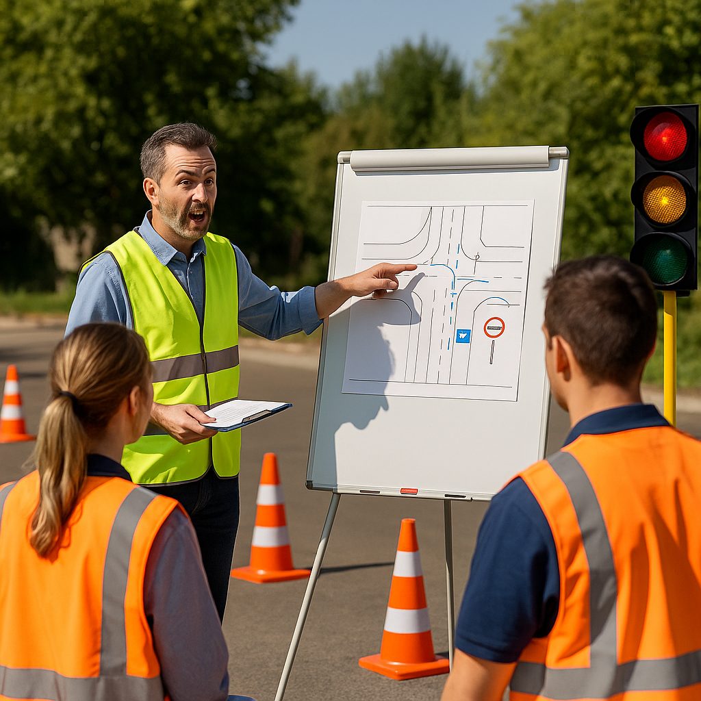 קורס פקחי תנועה: מדריך מסביר לתלמידים בחוץ עם אפודים זוהרים, תרשים תנ״ת, קונוסים ורמזור נייד – דרך הצלחה