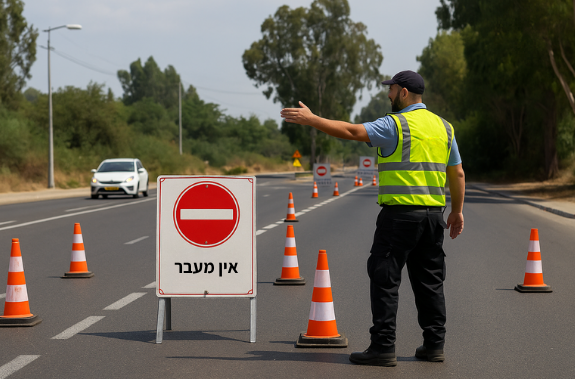 פקח תנועה ישראלי עומד באמצע כביש חסום עם קונוסים כתומים ותמרורים, בזמן יום עבודה בשטח עירוני פתוח