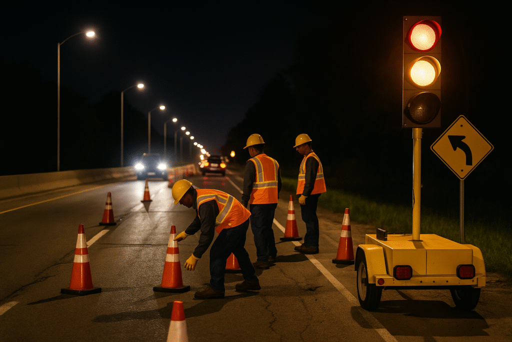 הסדרי תנועה זמניים בעבודת לילה: קונוסים, מחסומים ורכב שירות בכביש פעיל
