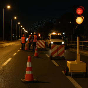 עבודות בכביש בלילה – קונוסים, מחסומים ורכב שירות; פיקוח תנועה מנהל את הזרימה (דרך הצלחה)