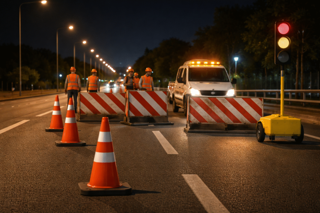 חסימת כבישים בעבודת לילה - קונוסים, מחסומים ורכב שירות בכביש פעיל