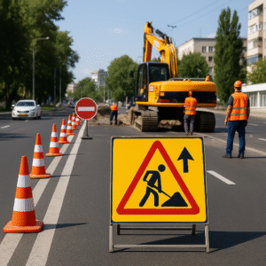 עבודות תשתית בכביש עירוני עם מחפר, קונוסים ופקחי תנועה המכוונים תנועה בצורה בטוחה ומסודרת