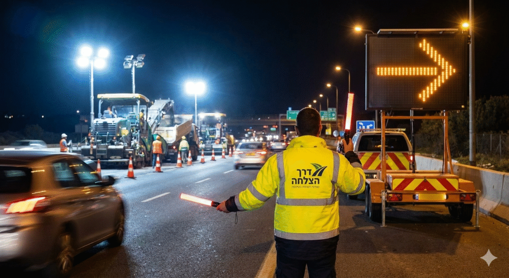 פקח תנועה של חברת דרך הצלחה בביצוע הסדרי תנועה במהלך עבודת לילה בכביש מהיר עם עגלת חץ מאירה