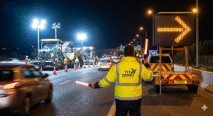 פקח תנועה של חברת דרך הצלחה בביצוע הסדרי תנועה במהלך עבודת לילה בכביש מהיר עם עגלת חץ מאירה