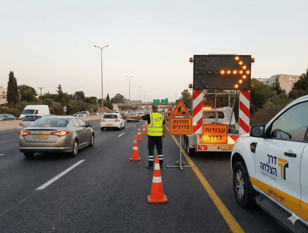פקח תנועה מוסמך של חברת 'דרך הצלחה' מכוון תנועה בבטחה באתר עבודות תשתית בכביש ראשי בשעות בין ערביים. בתמונה נראית עגלת חץ מוארת, קונוסים ותמרורי 'זהירות בדרכים' ו'עבודות בדרך' בעברית.