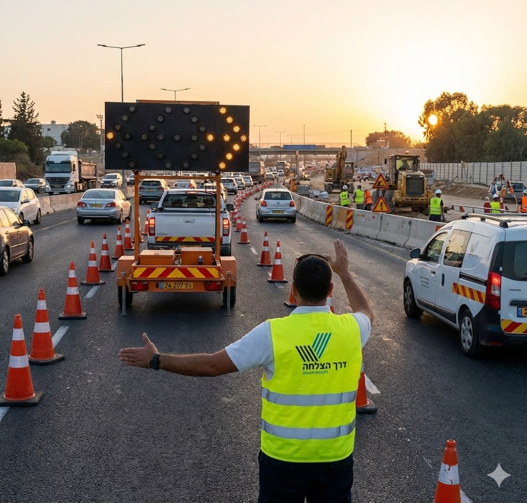 : פקח תנועה מוסמך של חברת דרך הצלחה מכוון תנועה ידנית באתר עבודות תשתית בכביש מהיר בשקיעה, עם עגלת חץ מוארת ברקע.
