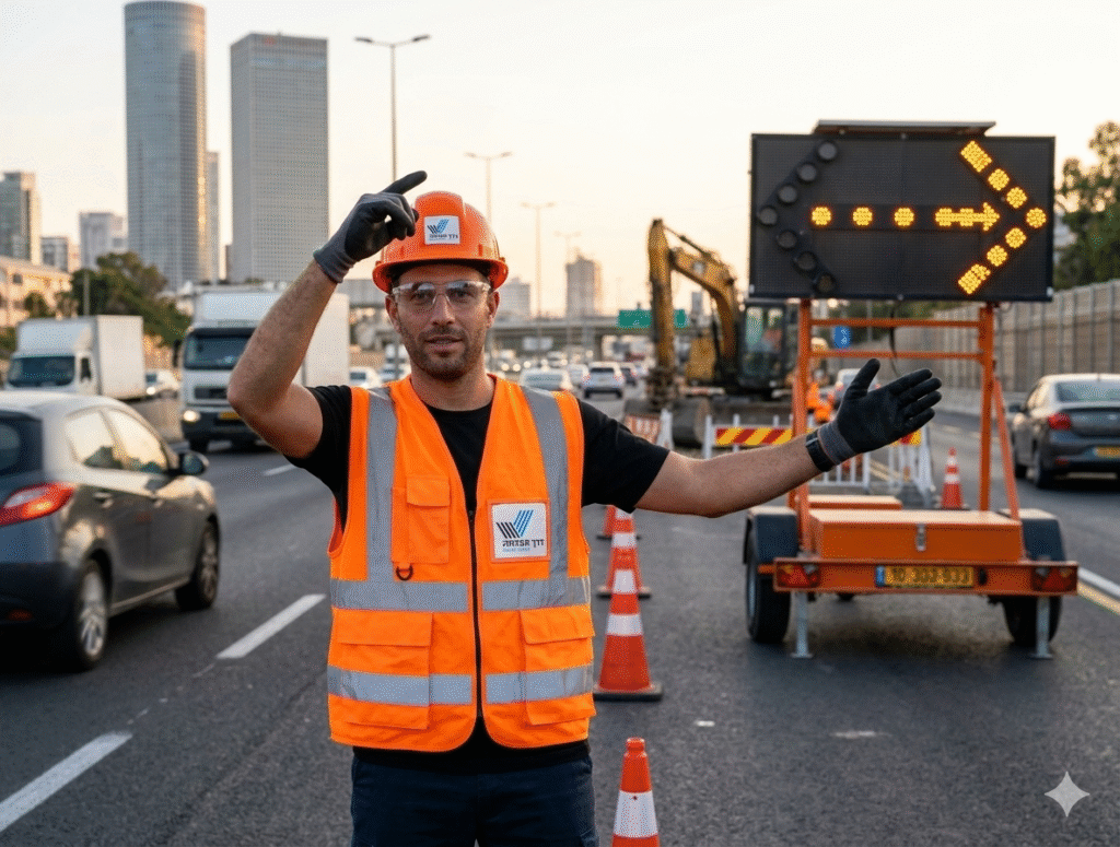 צילום ריאליסטי של פקח תנועה גאה בחובש קסדה ואפוד זוהר, עומד על כביש סואן בשעת בין ערביים ומכוון את התנועה בעזרת עגלת חץ מוארת. התמונה מיועדת לגיוס עובדים עבור המאמר דרושים פקחי תנועה.