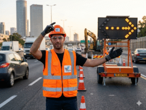 צילום ריאליסטי של פקח תנועה גאה בחובש קסדה ואפוד זוהר, עומד על כביש סואן בשעת בין ערביים ומכוון את התנועה בעזרת עגלת חץ מוארת. התמונה מיועדת לגיוס עובדים עבור המאמר דרושים פקחי תנועה.