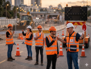 פקח תנועה מוסמך של חברת דרך הצלחה מכוון תנועה באתר עבודה. גיוס עובדים - דרושים פקחי תנועה.