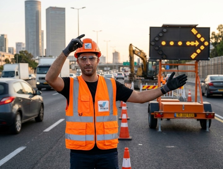 פקח תנועה מוסמך של חברת דרך הצלחה מכוון תנועה באמצעות תמרור ידני באתר תשתיות מודרני בישראל. התמונה מציגה את מהפכת הבטיחות בענף.