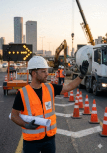 פקח תנועה גבר עם אפוד זוהר וקסדה כתומה, מכוון תנועה באתר בנייה על כביש סואן בשעת בין ערביים.