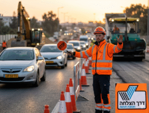 צילום דוקומנטרי של פקח תנועה מוסמך של חברת 'דרך הצלחה' בפעולה, לבוש בבגדי מגן מלאים (אפוד זוהר כתום, קסדה), מכוון תנועה באמצעות תמרור 'עצור/האט' וסימני ידיים מקצועיים באתר בנייה וסלילת כבישים בישראל בשעות הדמדומים (שעת הזהב).