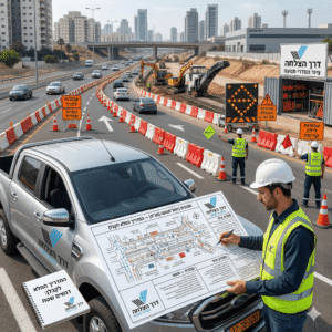 פקח תנועה ומנהל פרויקט בוחנים תוכנית ניהול תנועה באתר בנייה פעיל