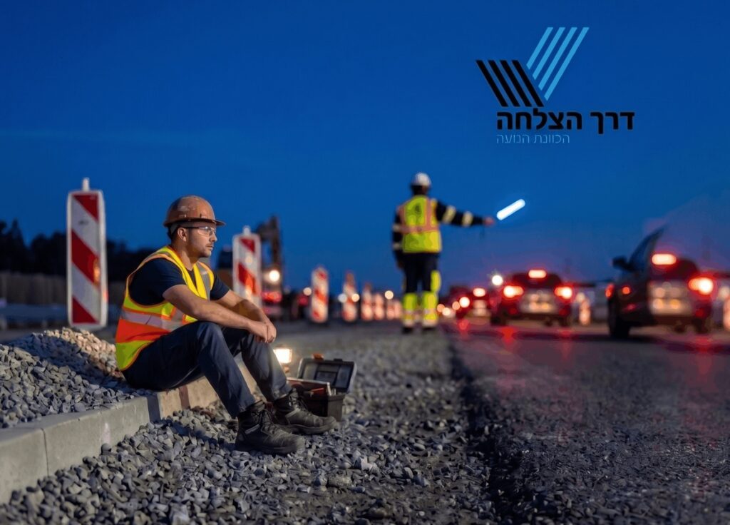 דגלן תנועה מוסמך של חברת דרך הצלחה מכוון רכבים בעבודת לילה עם ציוד בטיחות תקני