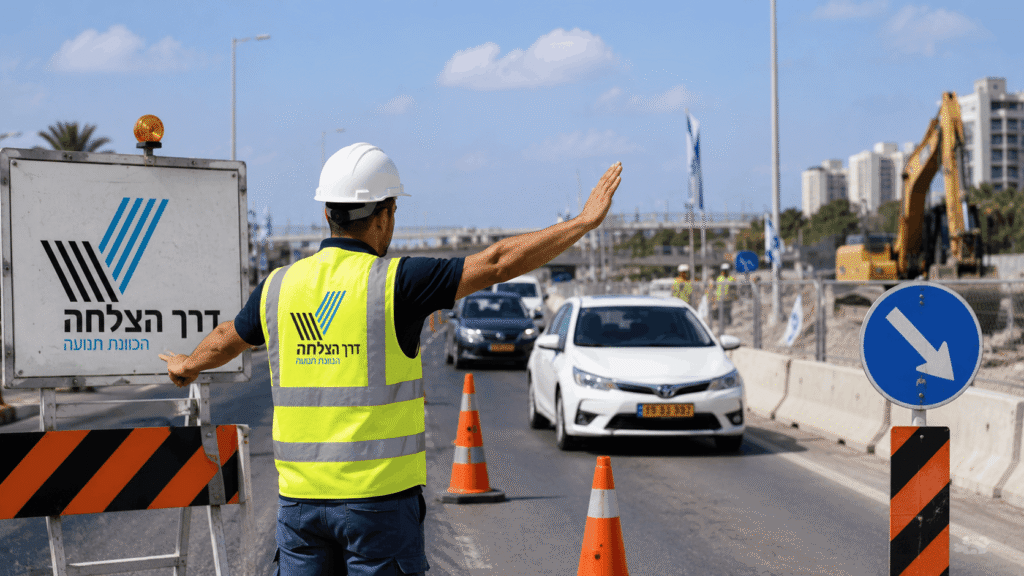 ניהול הסדרי תנועה באתר עבודה עם פקח תנועה, שילוט דרך הצלחה, רכבים, קונוסים ואזור תשתיות פעיל