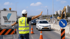 ניהול הסדרי תנועה באתר עבודה עם פקח תנועה, שילוט דרך הצלחה, רכבים, קונוסים ואזור תשתיות פעיל