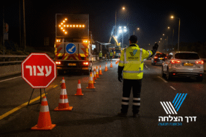 עובד הכוונת תנועה לבוש אפוד זוהר עוצר את התנועה בלילה בכביש מהיר בזמן עבודות כביש, עם תמרור עצור, קונוסים ומשאית עם חץ מואר.
